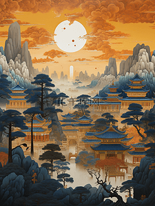 中国风唯美古建筑山水风景插画16