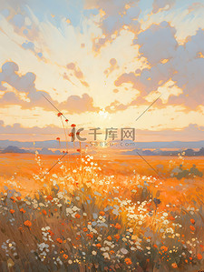 乡村插画图片_柔和阳光温暖日落乡村油画6