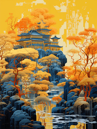 中国风唯美古建筑山水风景插画11