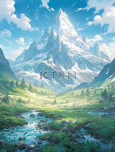 群山山脉中国风翡翠和蓝色插画16