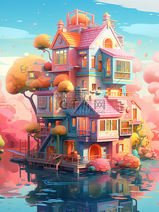 水上彩色房子2d游戏艺术风格3