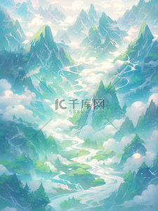 群山山脉中国风翡翠和蓝色插画12