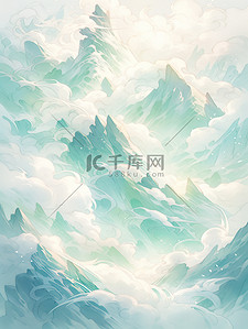 群山山脉中国风翡翠和蓝色插画5
