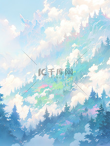 群山山脉中国风翡翠和蓝色插画1