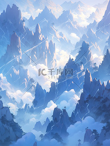 翡翠手镯支架插画图片_群山山脉中国风翡翠和蓝色插画10