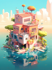 游戏房子插画图片_水上彩色房子2d游戏艺术风格14