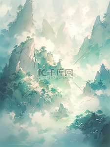 群山山脉中国风翡翠和蓝色插画20