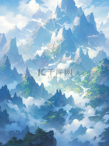 群山山脉中国风翡翠和蓝色插画2