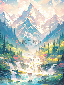 群山山脉中国风翡翠和蓝色插画7