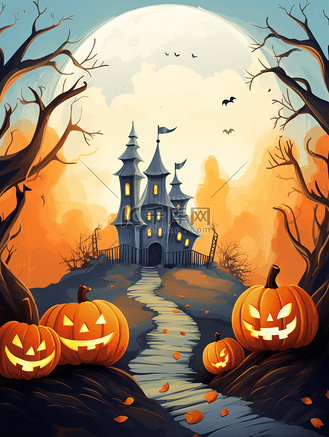 万圣节魔法城堡卡通插画28