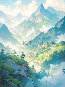 群山山脉中国风翡翠和蓝色插画18