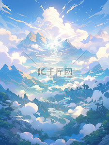 群山山脉中国风翡翠和蓝色插画3
