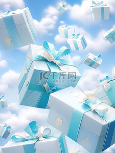 礼物盒礼盒插画图片_蓝色和白色礼盒在空中飞舞8