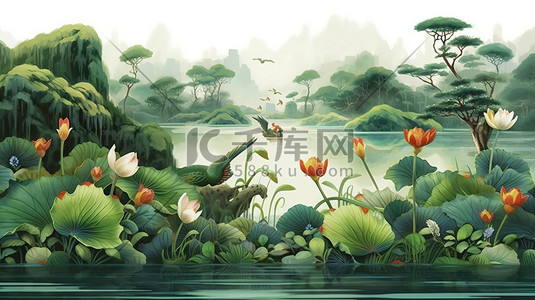 绿叶荷花插画图片_中国传统绘画夏季荷花绿叶植物16