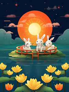 中秋之夜可爱兔子在船上赏月6