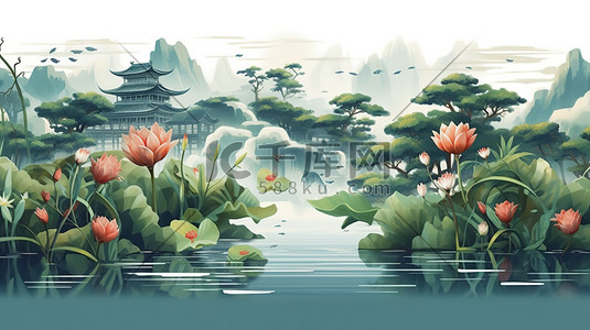 绿叶荷花插画图片_中国传统绘画夏季荷花绿叶植物8