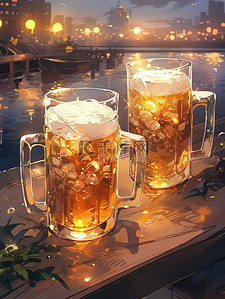 啤酒节宵夜插画图片_夏日啤酒之夜桌上生啤酒11