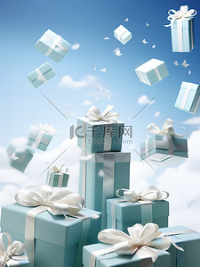 礼物盒礼盒插画图片_蓝色和白色礼盒在空中飞舞21