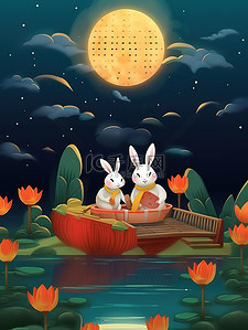中秋红灯笼插画图片_中秋之夜可爱兔子在船上赏月14