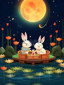 中秋红灯笼插画图片_中秋之夜可爱兔子在船上赏月10