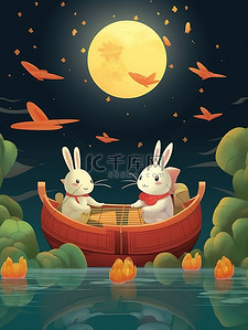 中秋红灯笼插画图片_中秋之夜可爱兔子在船上赏月7