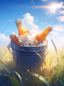 草地上冰桶里装满冰块啤酒9