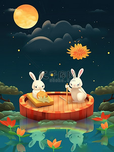 中秋红灯笼插画图片_中秋之夜可爱兔子在船上赏月19