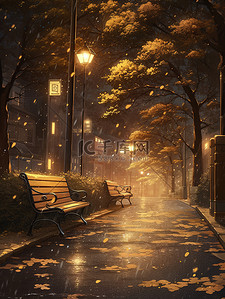 秋天下雨天的夜晚长椅11
