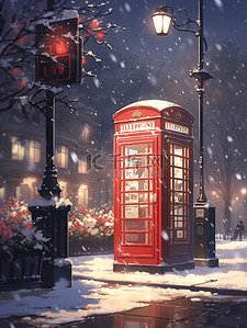 电话亭红色插画图片_冬季被大雪覆盖电话亭19