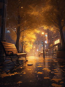 秋天的夜晚插画图片_秋天下雨天的夜晚长椅7