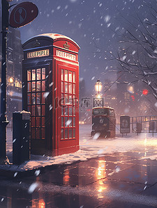 电话亭红色插画图片_冬季被大雪覆盖电话亭14