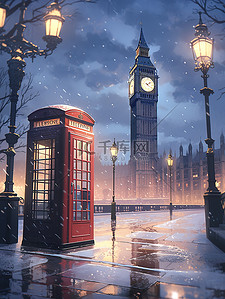 电话亭红色插画图片_冬季被大雪覆盖电话亭6