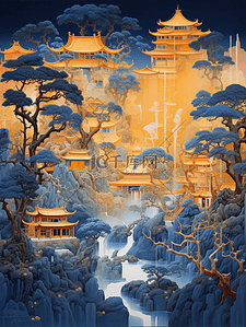 历史古建筑插画图片_中国风唯美山水古建筑风景插画6