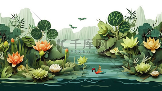 荷花绿叶插画图片_中国传统绘画夏季荷花绿叶植物19