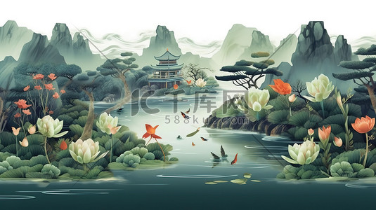绿叶荷花插画图片_中国传统绘画夏季荷花绿叶植物7