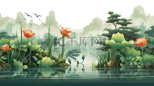 荷花绿叶插画图片_中国传统绘画夏季荷花绿叶植物3