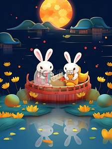 中秋红灯笼插画图片_中秋之夜可爱兔子在船上赏月5