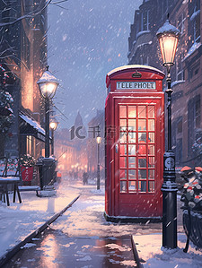 电话亭红色插画图片_冬季被大雪覆盖电话亭2