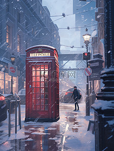 电话亭红色插画图片_冬季被大雪覆盖电话亭17