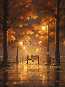 秋分夜插画图片_秋天下雨天的夜晚长椅17