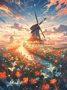 荷兰风车插画图片_郁金香花园花海大风车16