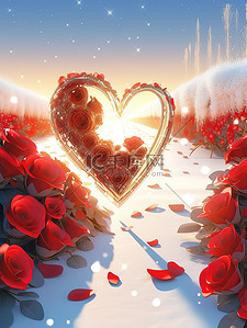 红色玫瑰心插画图片_沙滩上红色玻璃水晶玫瑰花心形12