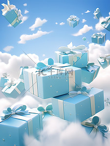 空中礼盒插画图片_蓝色和白色礼盒在空中飞舞6