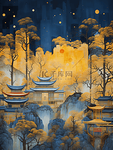 历史古建筑插画图片_中国风唯美山水古建筑风景插画20