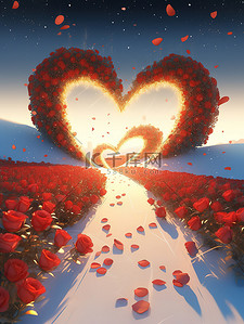 红色玫瑰心插画图片_沙滩上红色玻璃水晶玫瑰花心形3
