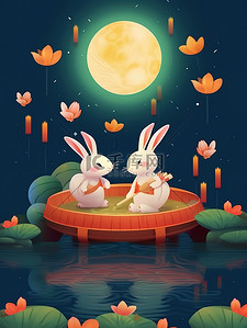 中秋红灯笼插画图片_中秋之夜可爱兔子在船上赏月11