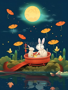 中秋红灯笼插画图片_中秋之夜可爱兔子在船上赏月18