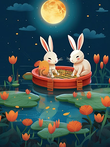 中秋红灯笼插画图片_中秋之夜可爱兔子在船上赏月3