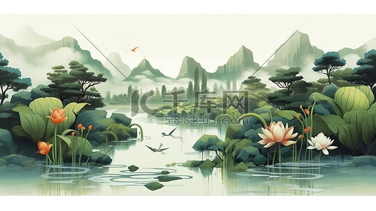 传统水彩画插画图片_中国传统绘画夏季荷花绿叶植物9