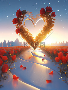 红色心形插画图片_沙滩上红色玻璃水晶玫瑰花心形11
